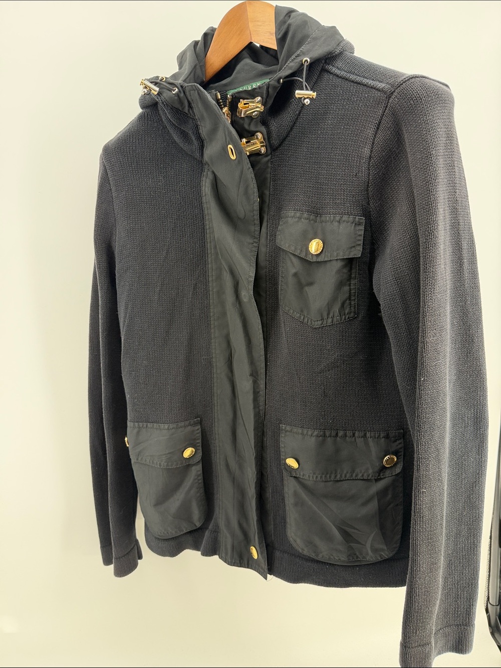 Lauren Ralph Lauren Black Hooded Knit Utility Jacket with Gold Accents